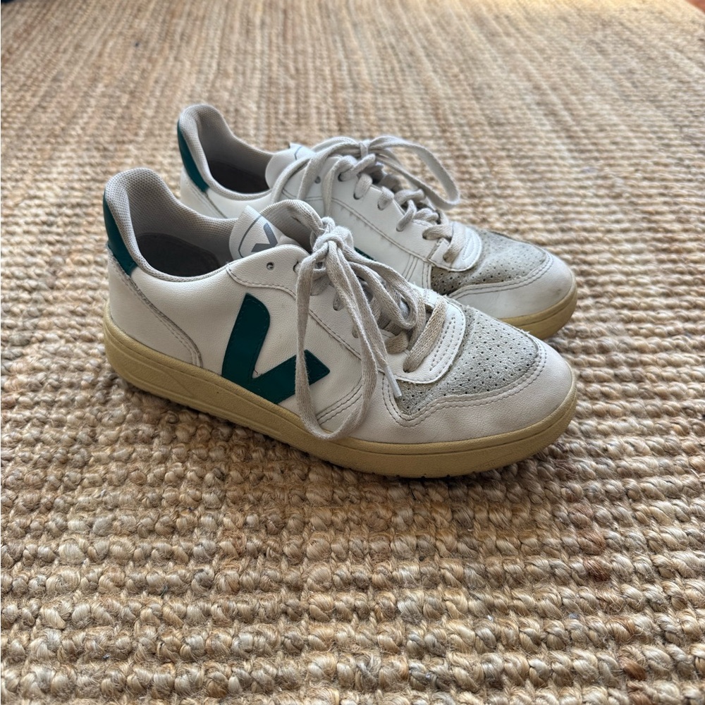 Veja White Sneakers with Dark Green V Logo and Cream Sole